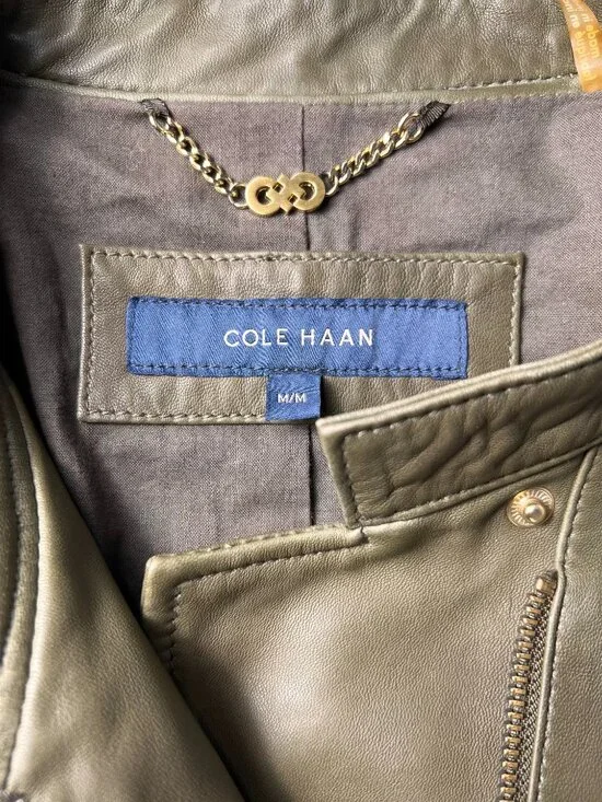 COLE HAAN Band Collar Olive Real Green Lamb Skin Leather Women's  Moto Jacket M - Picture 3 of 11